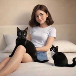 Disney Pixar style image of a comfortable scene featuring a brunette girl and her black and white cat