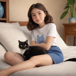 Disney Pixar style image of a comfortable scene featuring a brunette girl and her black and white cat