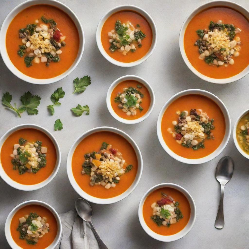 A collection of diverse soup recipes displayed aesthetically with ingredients and steps, each garnished and served attractively, and evaluated on a criteria of taste, presentation, and nutritional value.