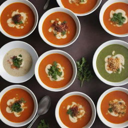 A collection of diverse soup recipes displayed aesthetically with ingredients and steps, each garnished and served attractively, and evaluated on a criteria of taste, presentation, and nutritional value.