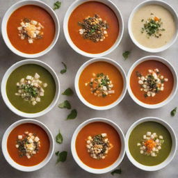 A collection of diverse soup recipes displayed aesthetically with ingredients and steps, each garnished and served attractively, and evaluated on a criteria of taste, presentation, and nutritional value.