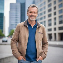 A mature man dressed in modern casual clothes, standing confidently in a relaxed pose with a friendly smile against an urban background