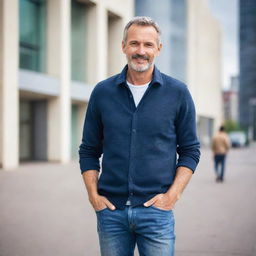 A mature man dressed in modern casual clothes, standing confidently in a relaxed pose with a friendly smile against an urban background