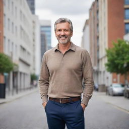 A mature man dressed in modern casual clothes, standing confidently in a relaxed pose with a friendly smile against an urban background