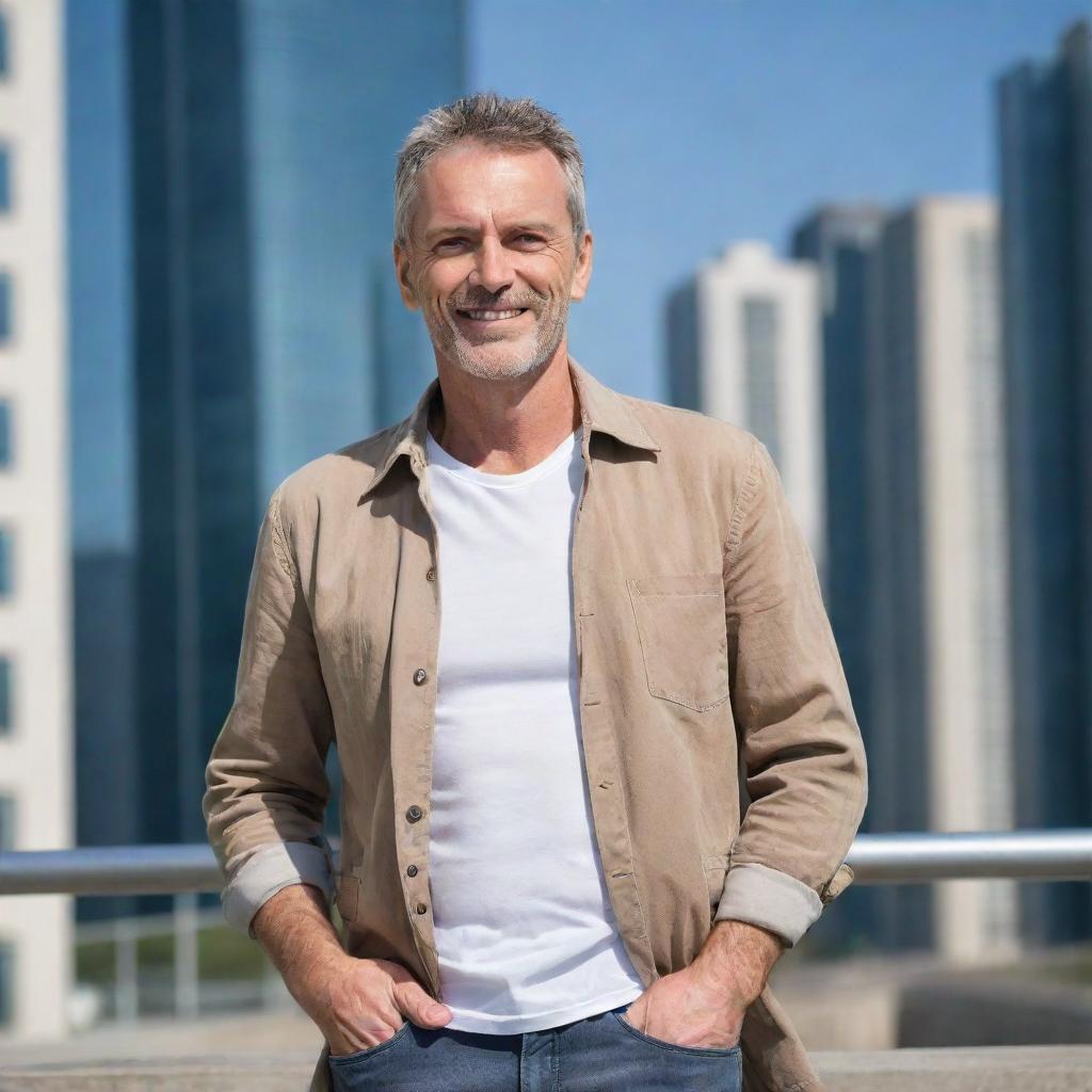 A mature man dressed in modern casual clothes, standing confidently in a relaxed pose with a friendly smile against an urban background