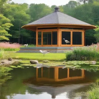 The architectural design of the new wildlife center incorporated a beautiful pond for the baldpate widgeons, highlighting their elegant white crowns.