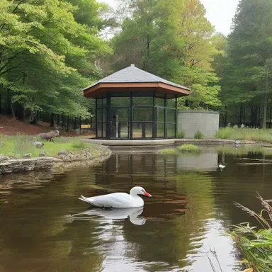 The architectural design of the new wildlife center incorporated a beautiful pond for the baldpate widgeons, highlighting their elegant white crowns.