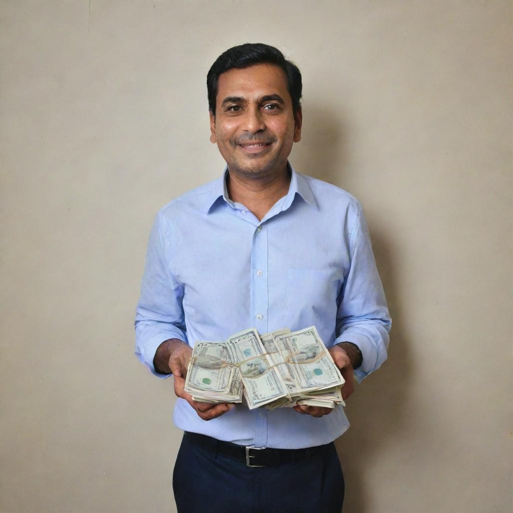 A man generously holding a lot of money in his hands, standing in a room where a wall prominently displays 'Sabuj'.