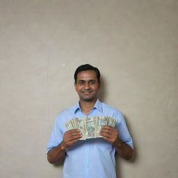 A man generously holding a lot of money in his hands, standing in a room where a wall prominently displays 'Sabuj'.