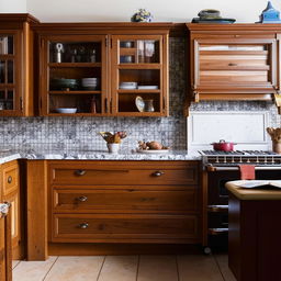 Traditional non-modular kitchen interior with rustic wooden cabinets, vintage appliances, and a classic tiled backsplash.