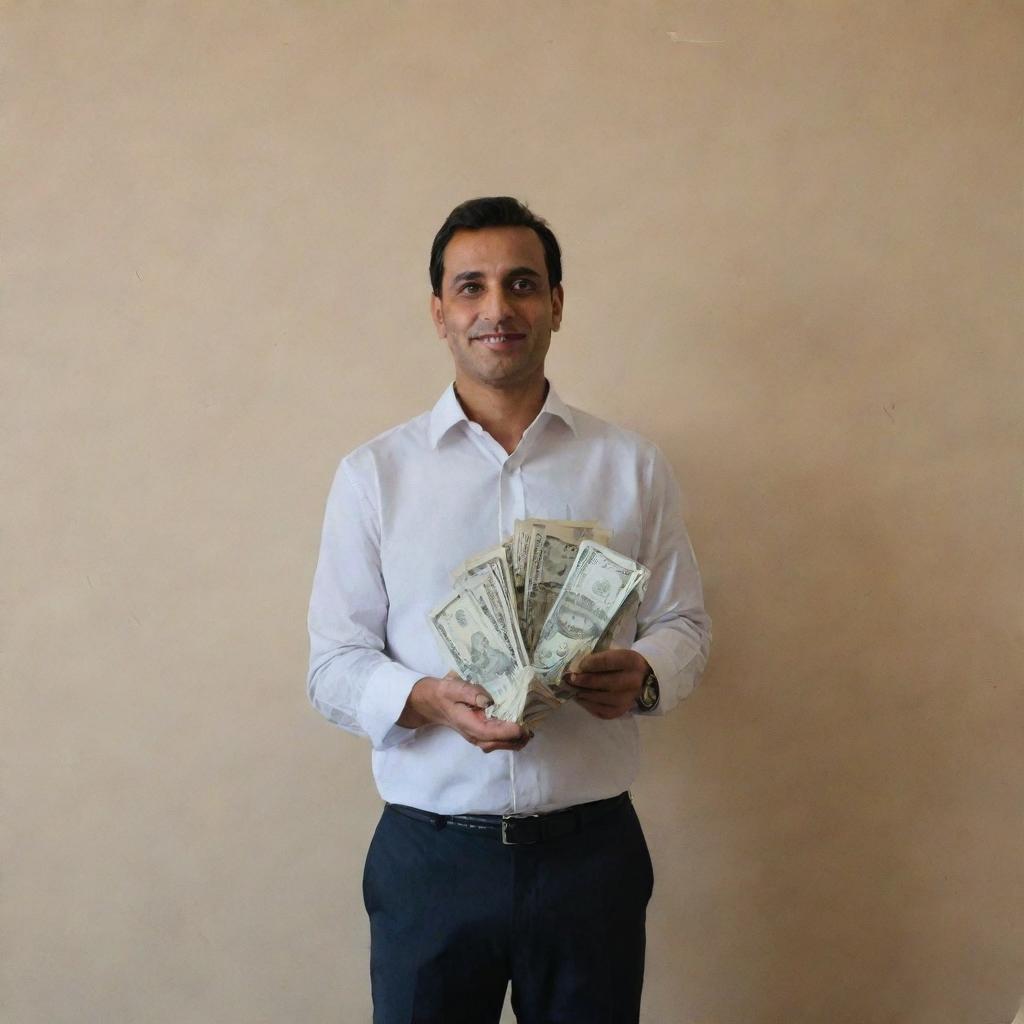 A man generously holding a lot of money in his hands, standing in a room where a wall prominently displays 'Sabuj'.