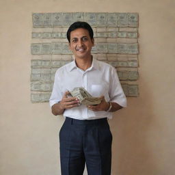 A man generously holding a lot of money in his hands, standing in a room where a wall prominently displays 'Sabuj'.