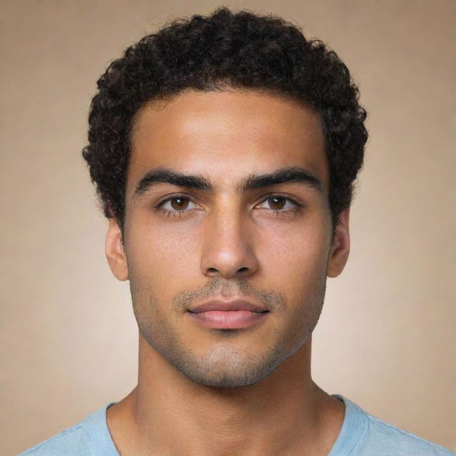 Generate an image of a man with tan skin, thick eyebrows, long eyes, half curly hair, and a medium body.