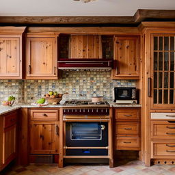 Traditional non-modular kitchen interior with rustic wooden cabinets, vintage appliances, and a classic tiled backsplash.