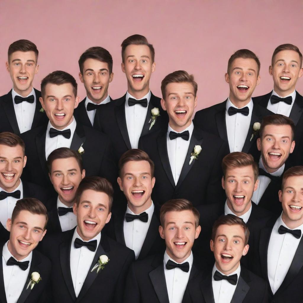 A lively and boisterous group of grooms in formal attire, all in animated cartoon style