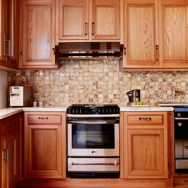 Traditional non-modular kitchen interior with rustic wooden cabinets, vintage appliances, and a classic tiled backsplash.