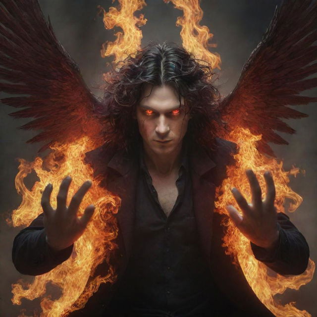 A man with red eyes, four hands possessing five fingers each, and thick hair. He has wings engulfed in flames.