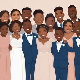 Clipart style image of a diverse group of cousins joyously celebrating together at a wedding.