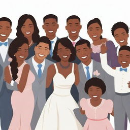 Clipart style image of a diverse group of cousins joyously celebrating together at a wedding.