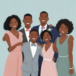 Clipart style image of a diverse group of cousins joyously celebrating together at a wedding.