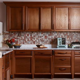 Traditional non-modular kitchen interior with rustic wooden cabinets, vintage appliances, and a classic tiled backsplash.