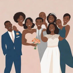 Clipart style image of a diverse group of cousins joyously celebrating together at a wedding.