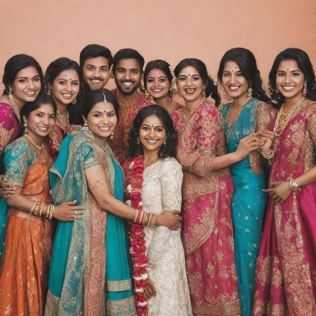 Clipart style image of a diverse group of Indian cousins joyfully gathering at a wedding. They are dressed in traditional Indian wedding attire, with vibrant colors and intricate patterns.