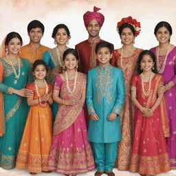 Clipart style image of a diverse group of Indian cousins joyfully gathering at a wedding. They are dressed in traditional Indian wedding attire, with vibrant colors and intricate patterns.