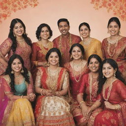 Clipart style image of a diverse group of Indian cousins joyfully gathering at a wedding. They are dressed in traditional Indian wedding attire, with vibrant colors and intricate patterns.