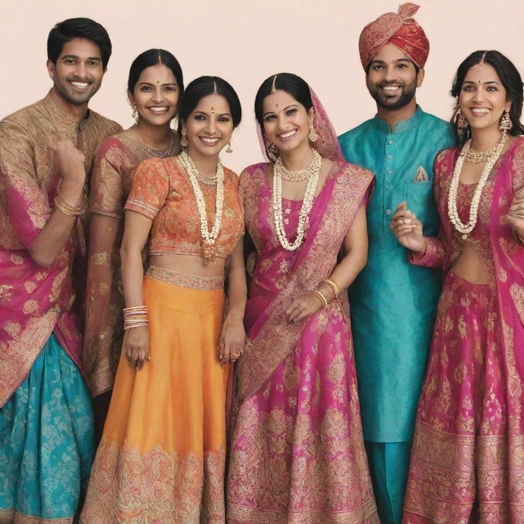 Clipart style image of a diverse group of Indian cousins joyfully gathering at a wedding. They are dressed in traditional Indian wedding attire, with vibrant colors and intricate patterns.