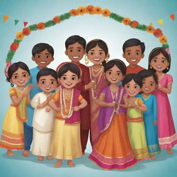 Animated clipart of a diverse group of Indian cousins joyously celebrating at a traditional wedding, clad in vibrant ethnic attire.