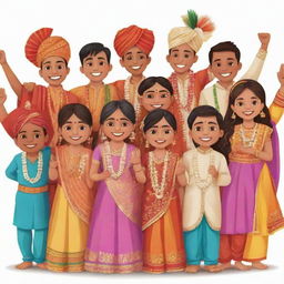 Animated clipart of a diverse group of Indian cousins joyously celebrating at a traditional wedding, clad in vibrant ethnic attire.