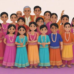 Animated clipart of a diverse group of Indian cousins joyously celebrating at a traditional wedding, clad in vibrant ethnic attire.