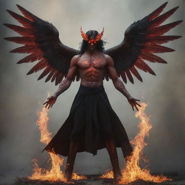 Generate an image of a man with red eyes, wings aflame, four hands each with five fingers, and thick hair. He stands alone, distinguished by a sense of ostracization and pursuit.