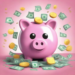 A highest quality digital art image featuring a cute, cartoon-style piggy bank in the middle, surrounded by a flurry of coins and banknotes