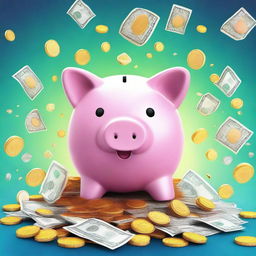 A highest quality digital art image featuring a cute, cartoon-style piggy bank in the middle, surrounded by a flurry of coins and banknotes