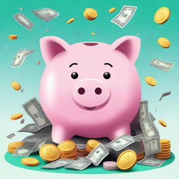 A highest quality digital art image featuring a cute, cartoon-style piggy bank in the middle, surrounded by a flurry of coins and banknotes