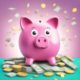 A highest quality digital art image featuring a cute, cartoon-style piggy bank in the middle, surrounded by a flurry of coins and banknotes