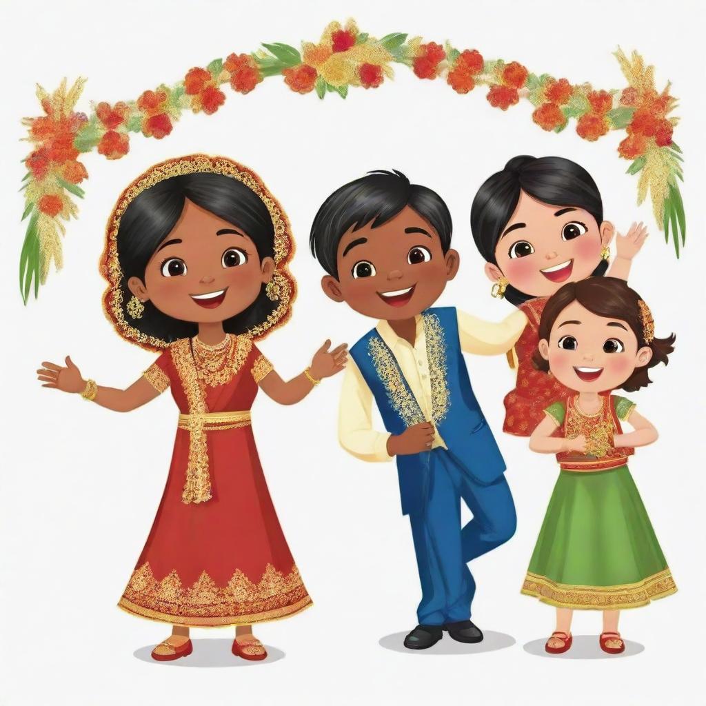 Animated clipart showing three boys, five girls and one groom at a traditional wedding, exuding joy and excitement. Each individual distinct and sparkling in their ethnic attires.