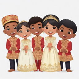 Animated clipart showing three boys, five girls and one groom at a traditional wedding, exuding joy and excitement. Each individual distinct and sparkling in their ethnic attires.