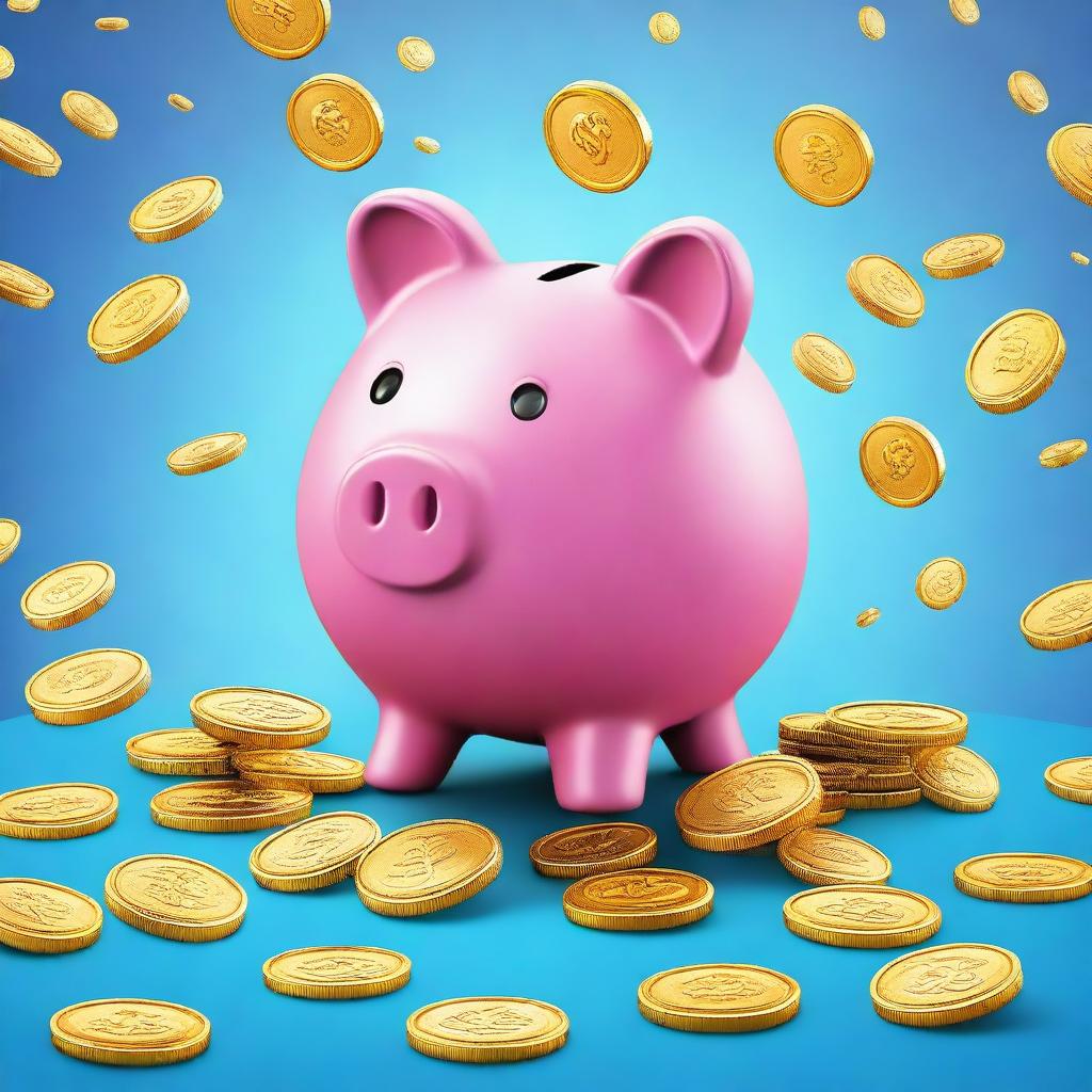 A top-quality digital art image featuring a delightful, cartoon-style piggy bank at the center against a vibrant blue background