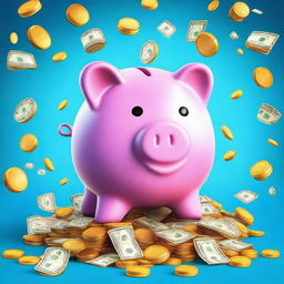 A top-quality digital art image featuring a delightful, cartoon-style piggy bank at the center against a vibrant blue background