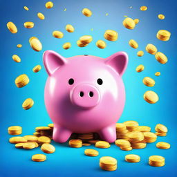 A top-quality digital art image featuring a delightful, cartoon-style piggy bank at the center against a vibrant blue background