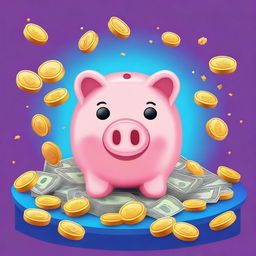 A top-quality digital art image featuring a delightful, cartoon-style piggy bank at the center against a vibrant blue background