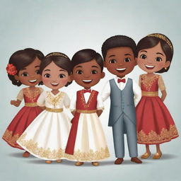 Animated clipart showing three boys, five girls and one groom at a traditional wedding, exuding joy and excitement. Each individual distinct and sparkling in their ethnic attires.