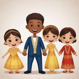 Animated clipart showing three boys, five girls and one groom at a traditional wedding, exuding joy and excitement. Each individual distinct and sparkling in their ethnic attires.