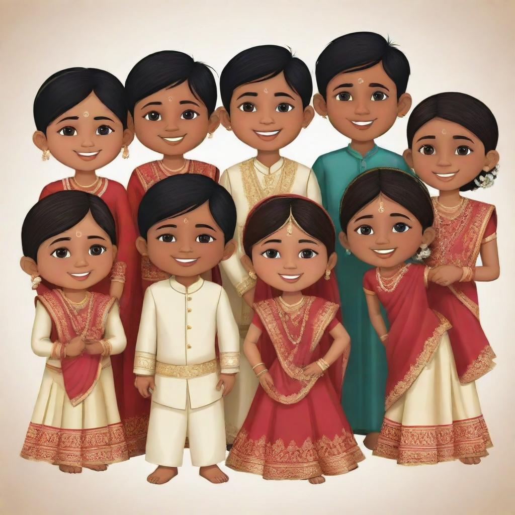 Animated clipart depicting a close-knit gang of the groom's cousins at an Indian wedding, consisting of three boys and five girls, all draped in beautiful ethnic attire, radiating happiness and celebration.