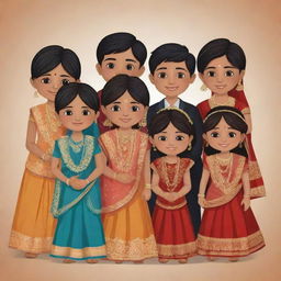 Animated clipart depicting a close-knit gang of the groom's cousins at an Indian wedding, consisting of three boys and five girls, all draped in beautiful ethnic attire, radiating happiness and celebration.