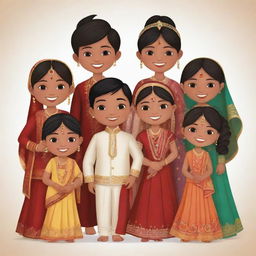 Animated clipart depicting a close-knit gang of the groom's cousins at an Indian wedding, consisting of three boys and five girls, all draped in beautiful ethnic attire, radiating happiness and celebration.