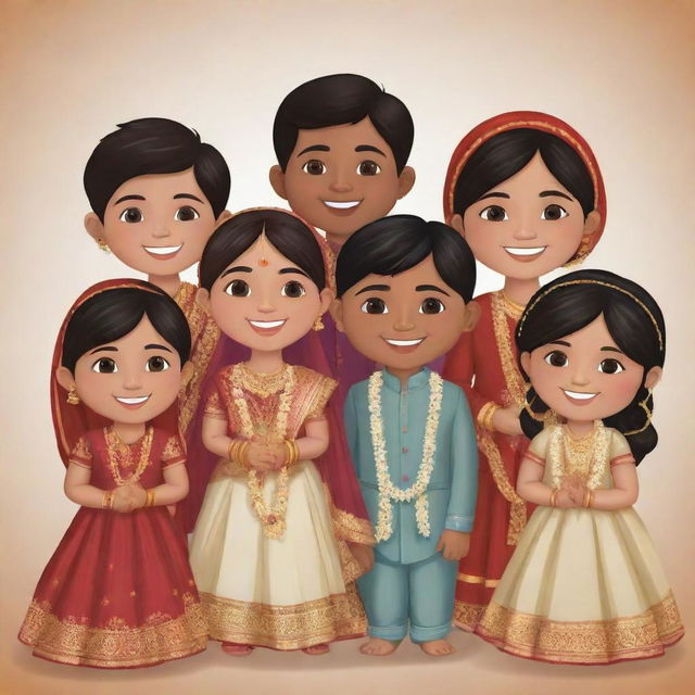 Animated clipart depicting a close-knit gang of the groom's cousins at an Indian wedding, consisting of three boys and five girls, all draped in beautiful ethnic attire, radiating happiness and celebration.